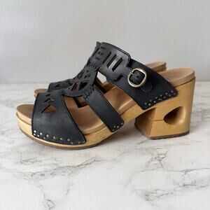 Dansko Black Leather Sandals with Tan Wooden Heel